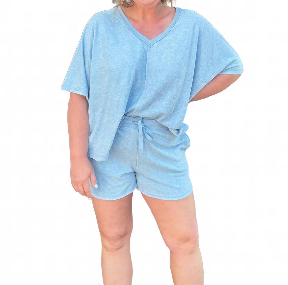 NEW SOFTIES terry relaxed v-neck with short set in heather sky blue